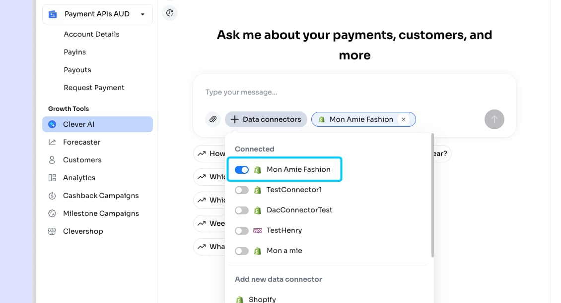 Shopify が接続されオンになった状態