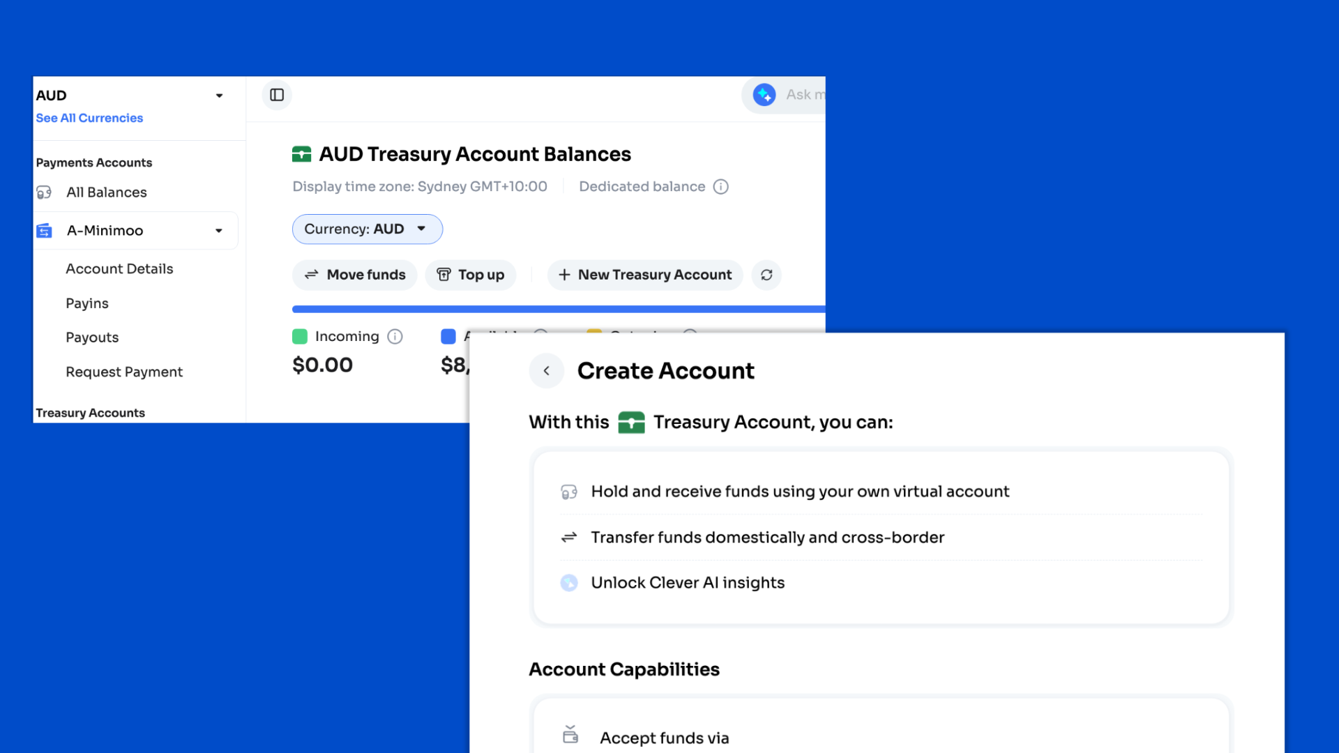 Merchant Portal の Treasury Account の残高画面とアカウント作成画面