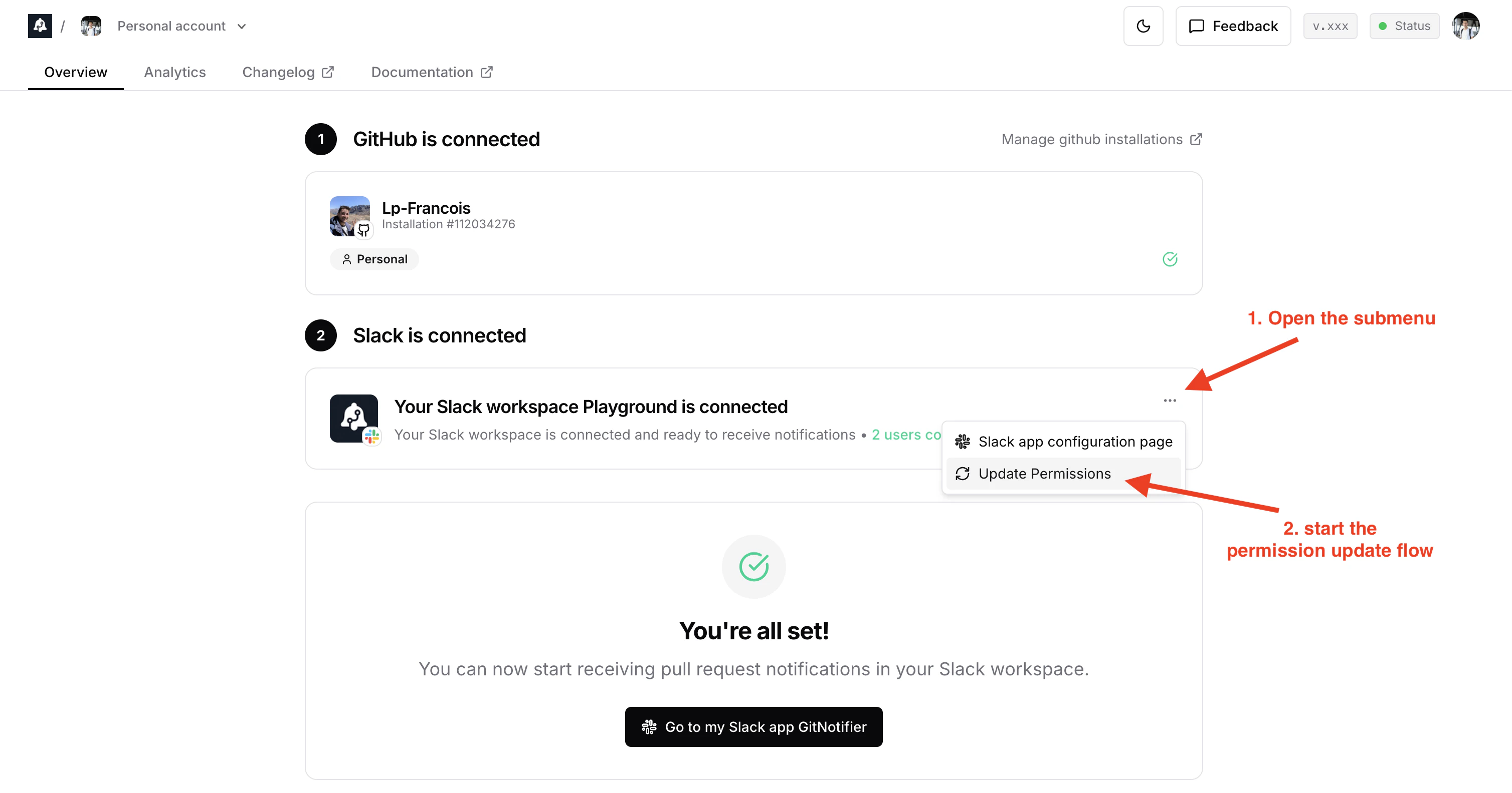 Update Slack permissions from the dashboard
