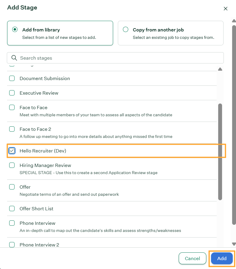 Greenhouse Add Stage dialog with Hello Recruiter selected from the library