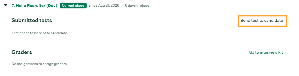 Candidate pipeline showing the Hello Recruiter stage with the Send test to candidate link