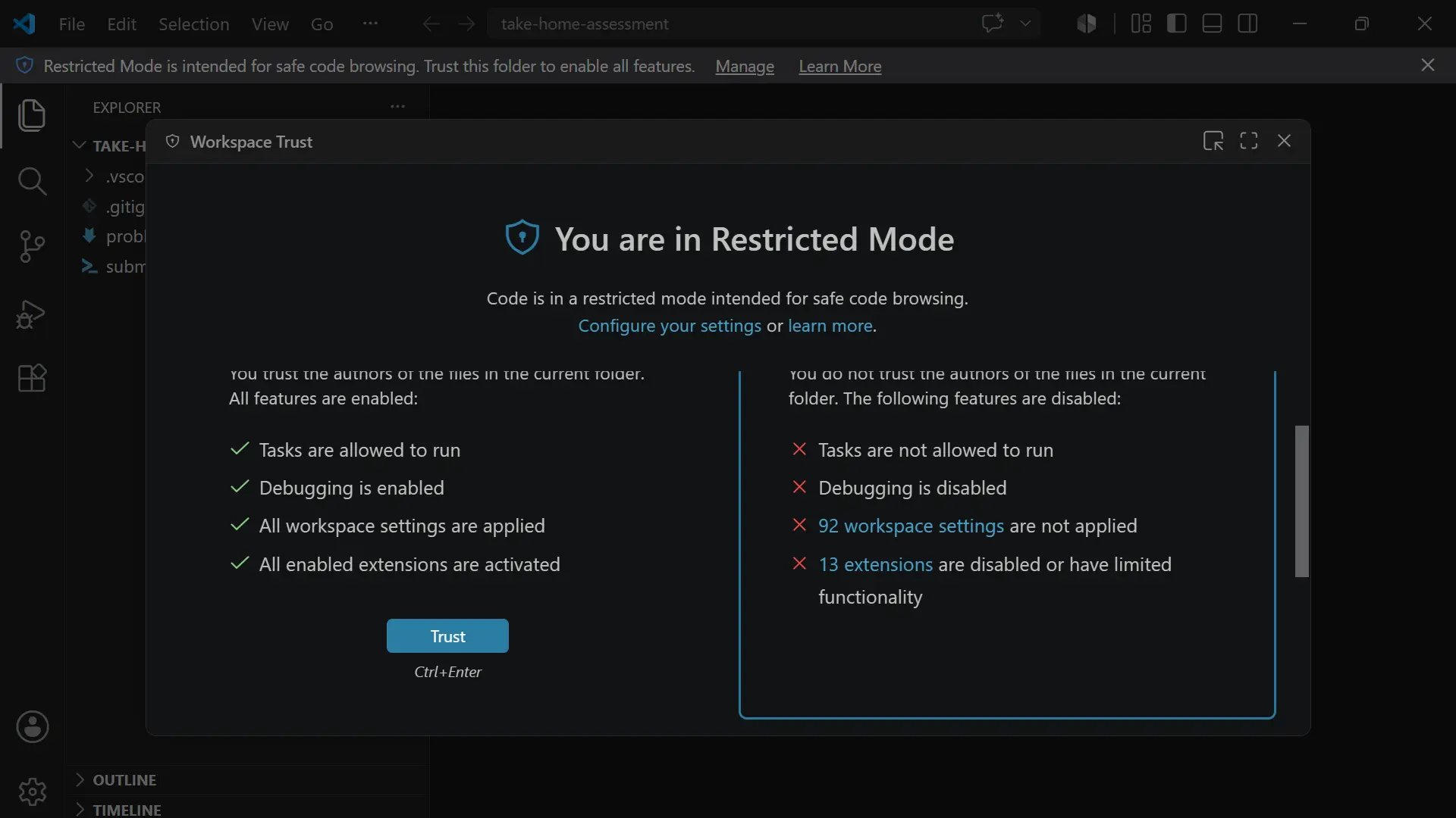 VS Code workspace trust dialog