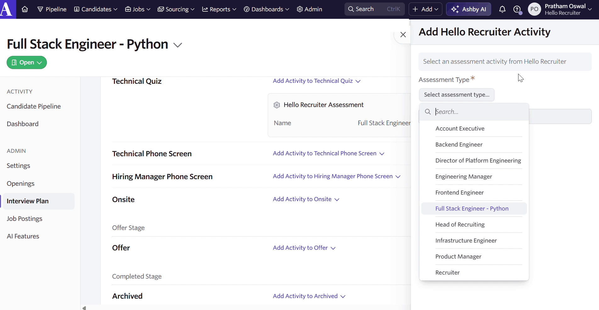 Ashby interview plan stage with the Add Activity picker showing Hello Recruiter and the list of available assessments