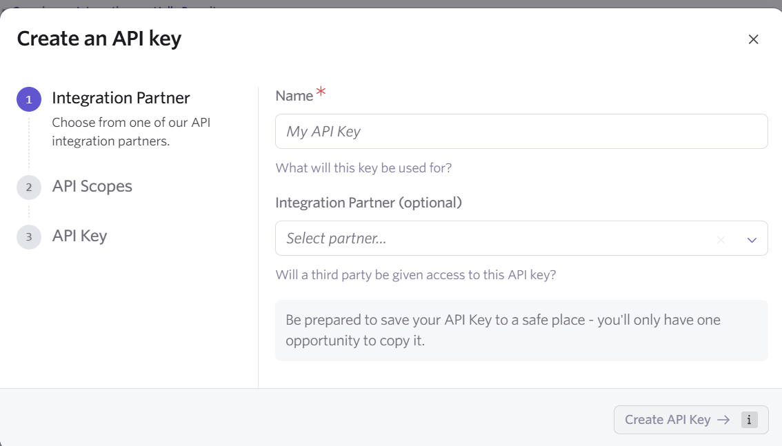 Ashby Create an API key dialog with the Name field and the optional Integration Partner selector