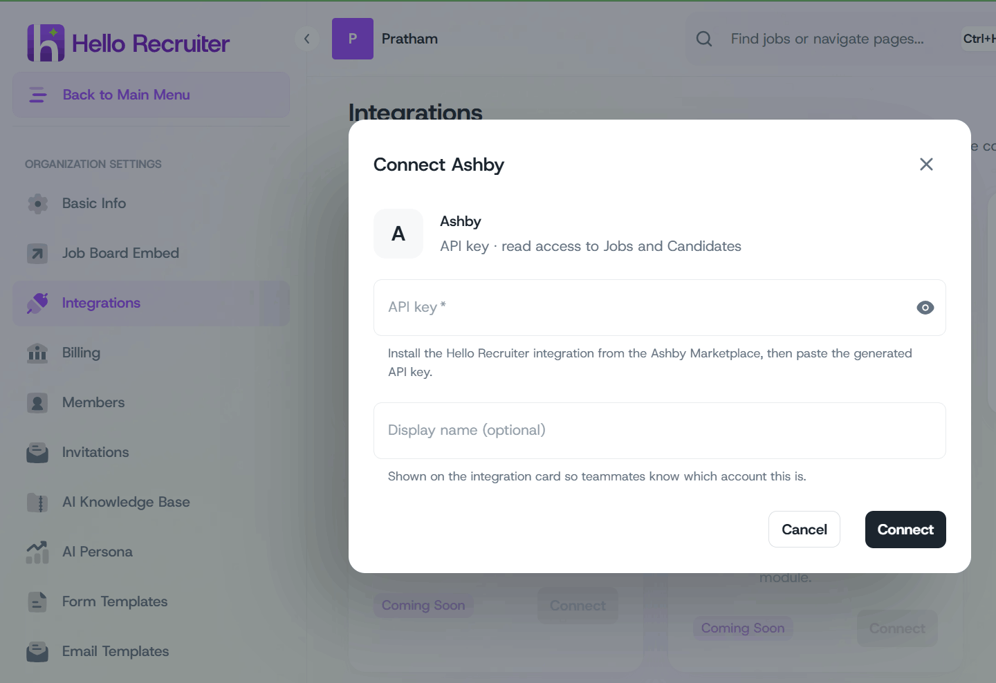 Hello Recruiter Integrations page with the Ashby Connect dialog open and the API key field filled