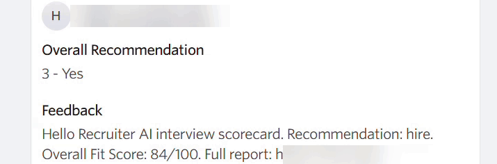 Ashby application feedback showing the Hello Recruiter submission with overall recommendation and summary