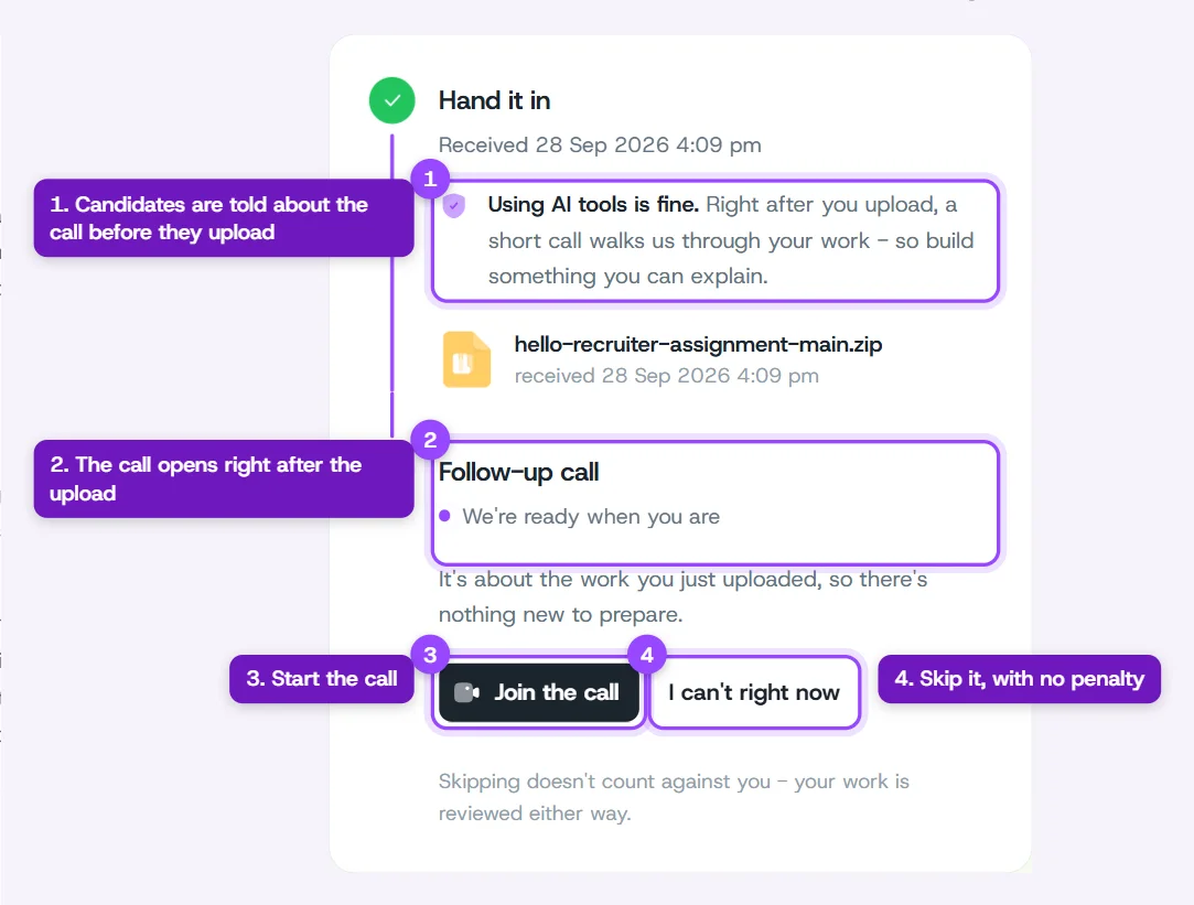 Candidate assignment page with the follow-up call ready to join