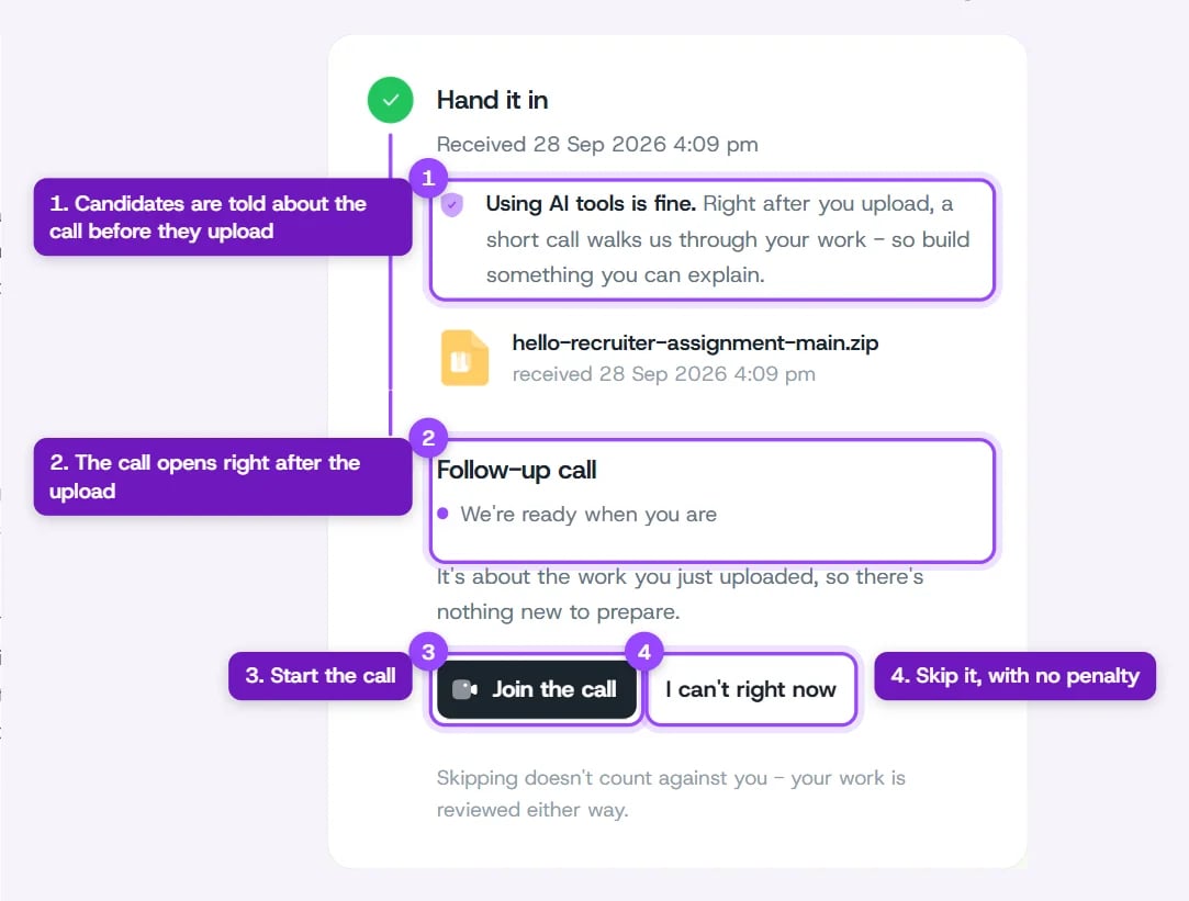 Candidate assignment page with the follow-up call ready to join