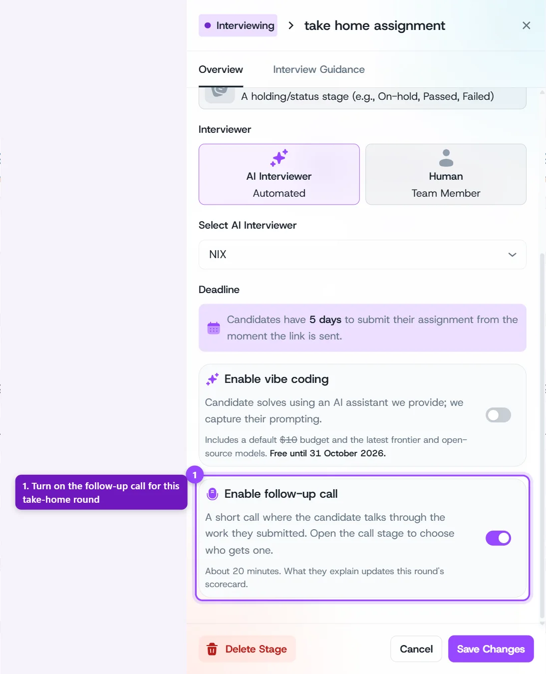 Take-home round settings with the Enable follow-up call switch turned on