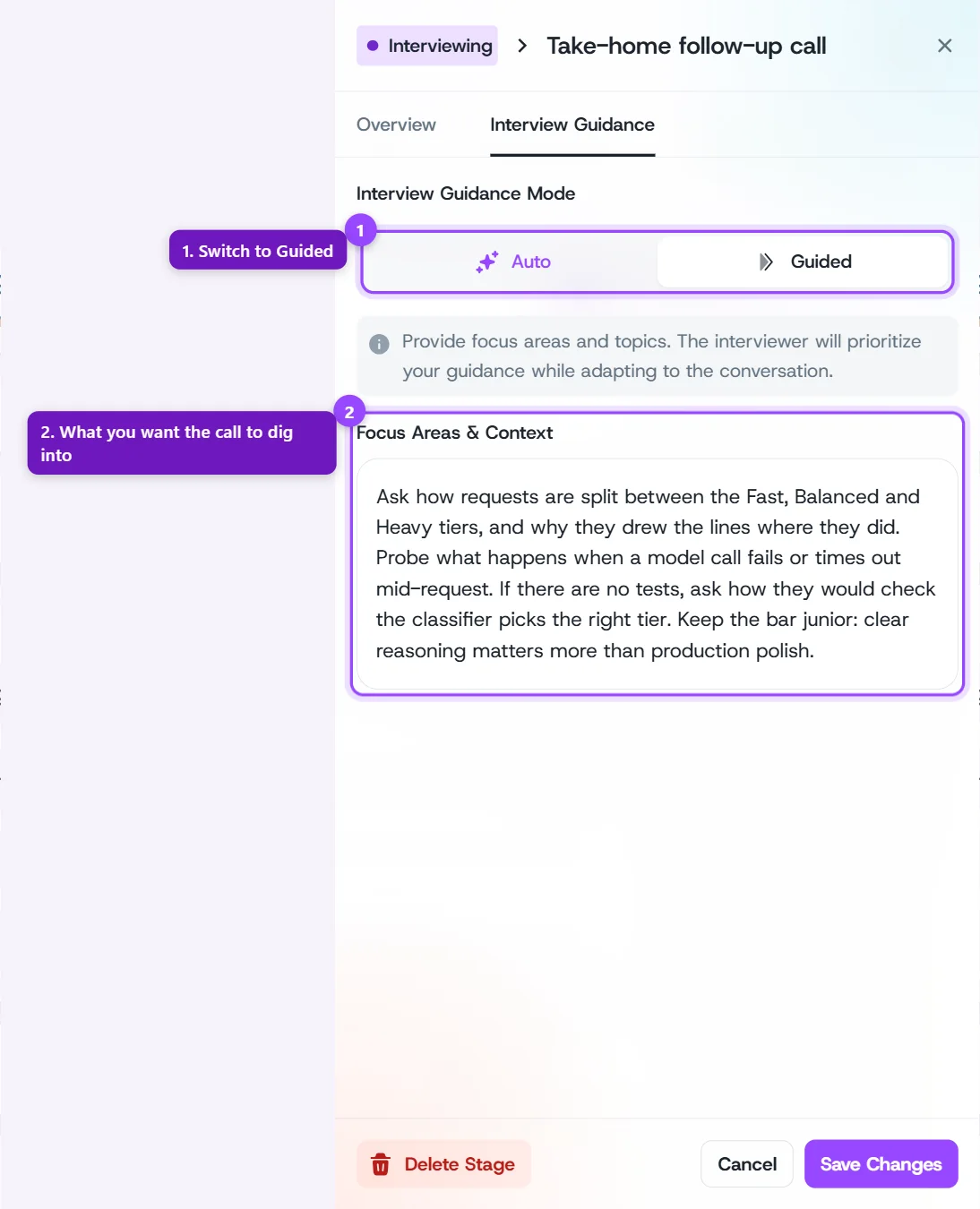 Interview Guidance tab for the follow-up call set to Guided, with the Focus Areas and Context box