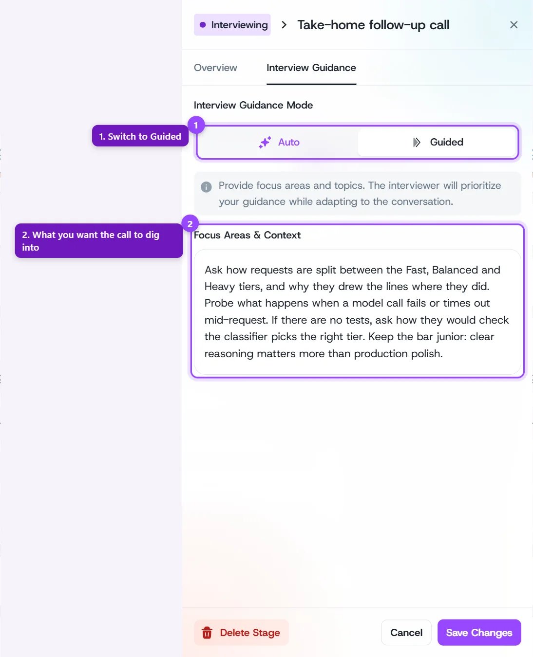 Interview Guidance tab for the follow-up call set to Guided, with the Focus Areas and Context box