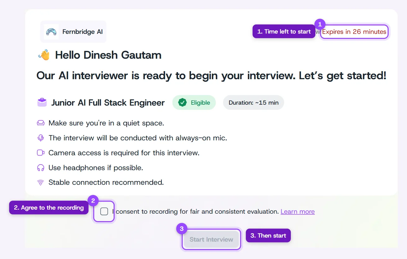Welcome screen showing time left to start, a recording consent checkbox, and the Start Interview button