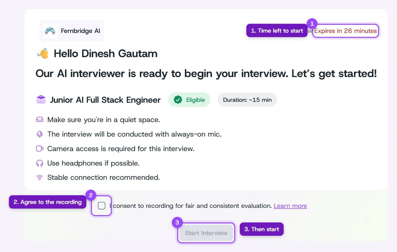 Welcome screen showing time left to start, a recording consent checkbox, and the Start Interview button