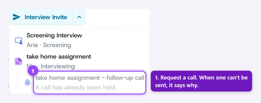 Interview Invite menu showing the follow-up call option under the take-home round