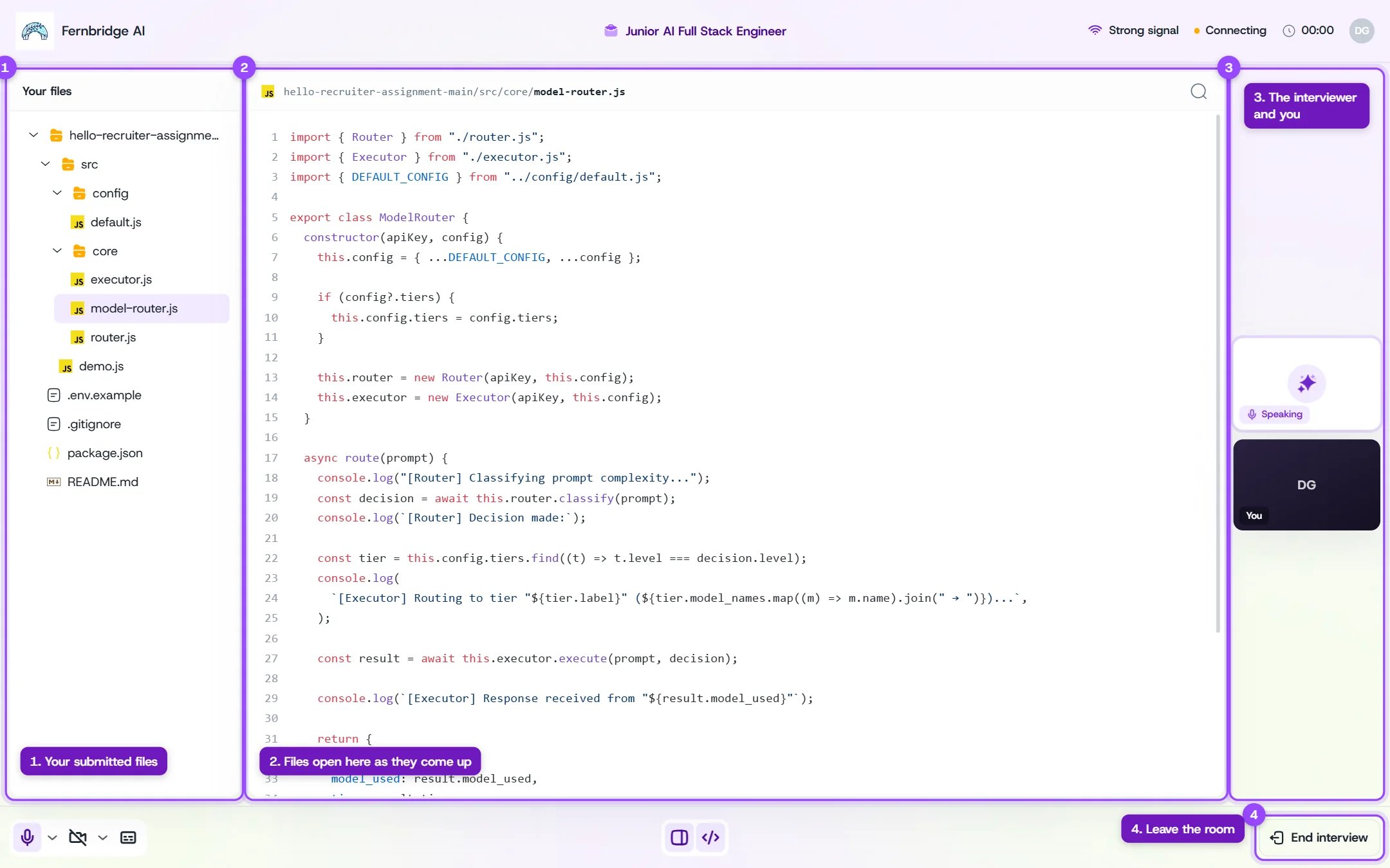 Follow-up call room with the file tree, a file viewer, a live transcript, the interviewer and candidate video tiles, and the End interview button