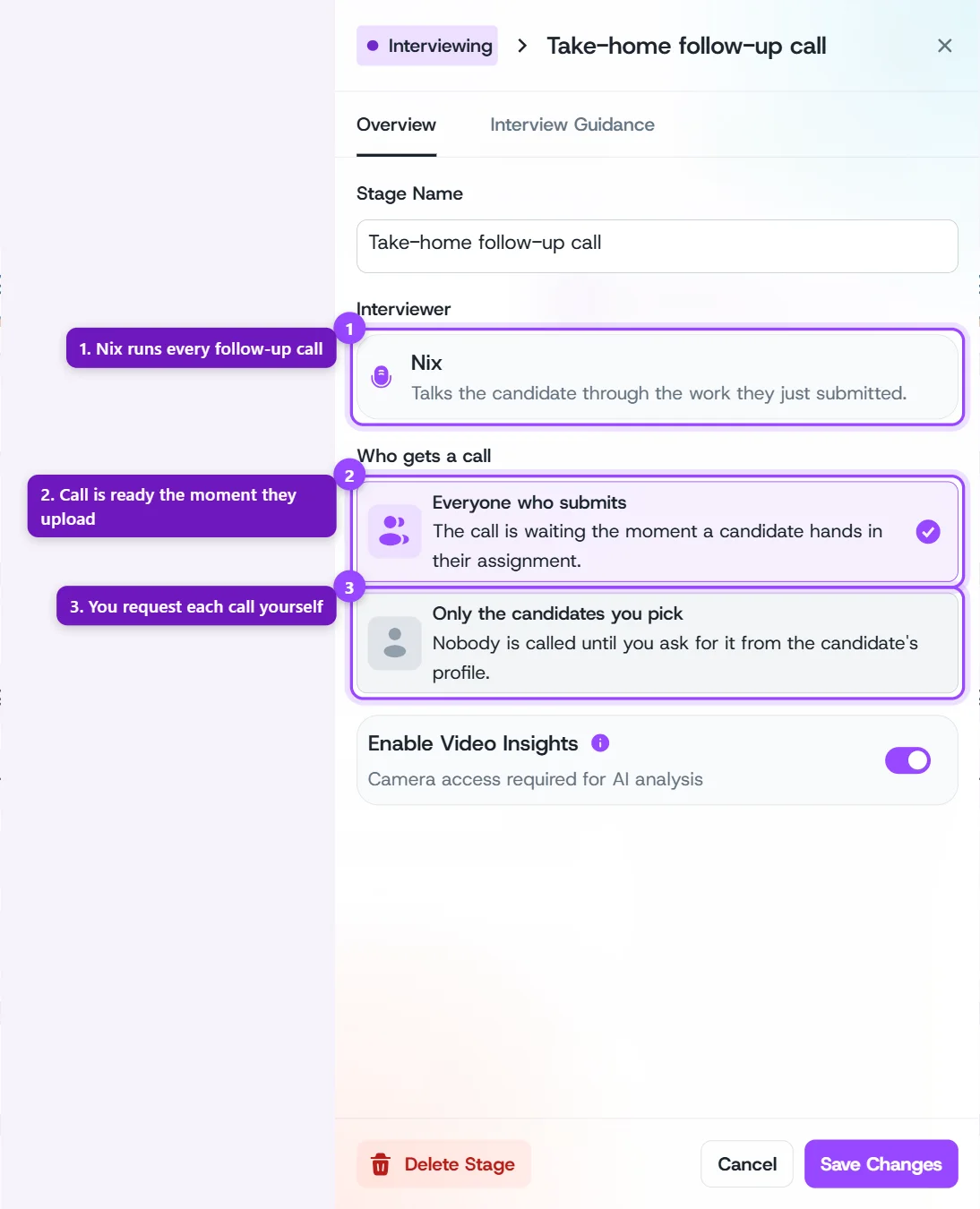 Follow-up call step settings showing the Nix interviewer and the two Who gets a call options