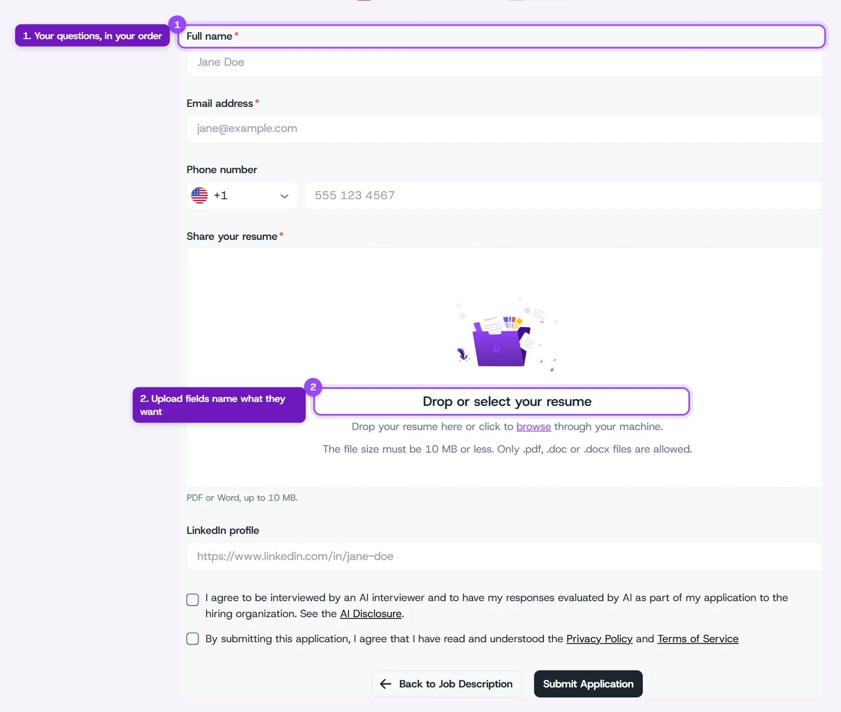Public application page showing the custom form fields