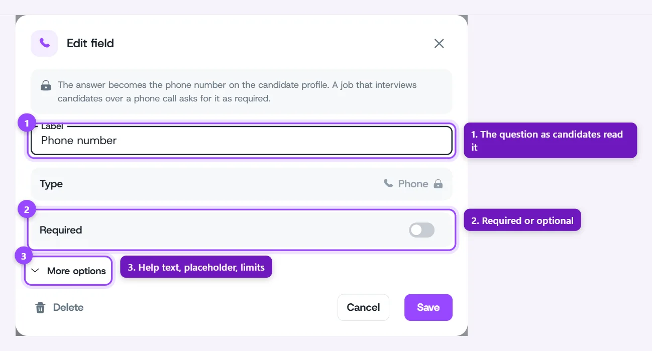 Edit field dialog with Label, Type, Required, and More options