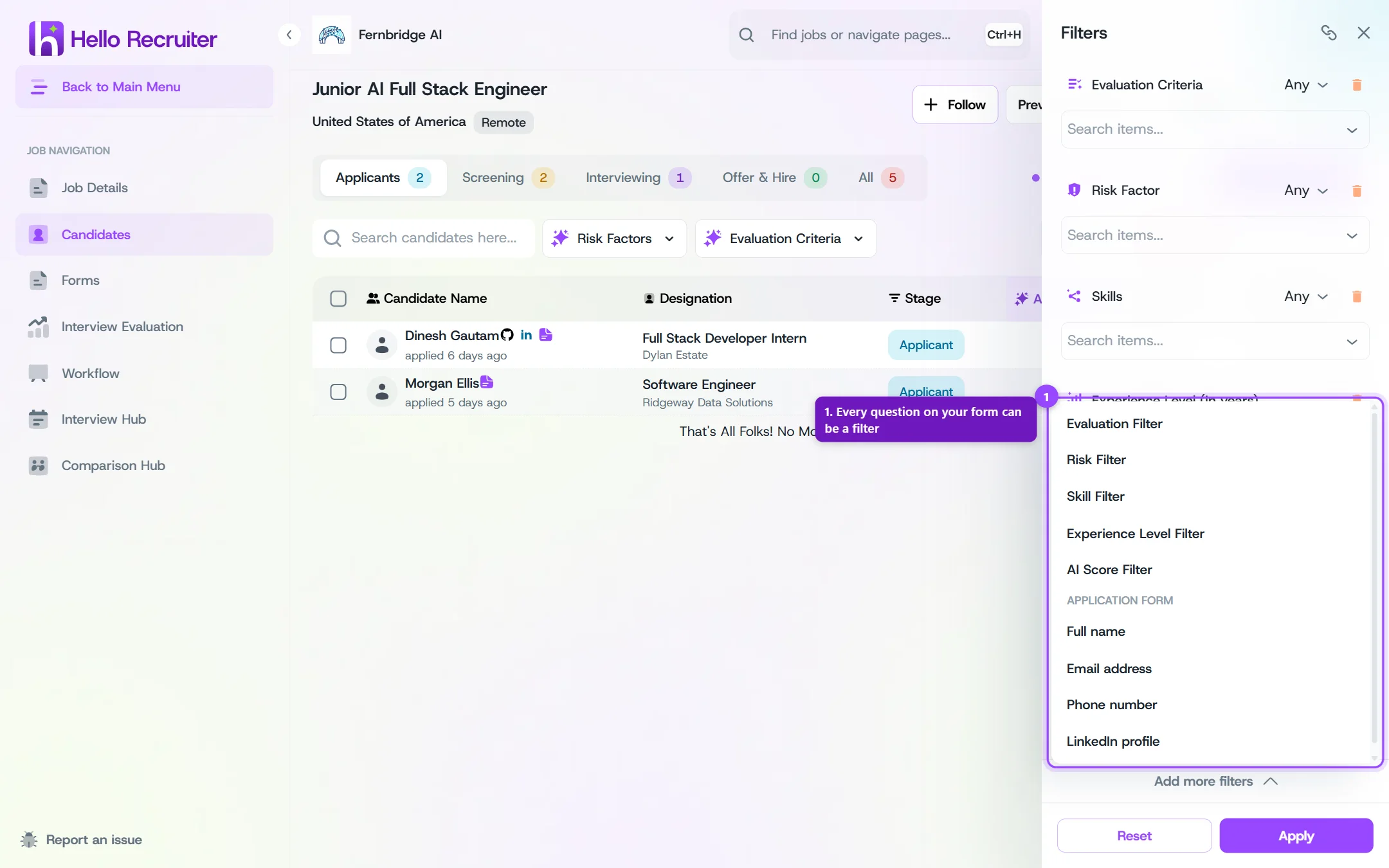 Candidate filters panel with the Application Form questions listed under Add more filters