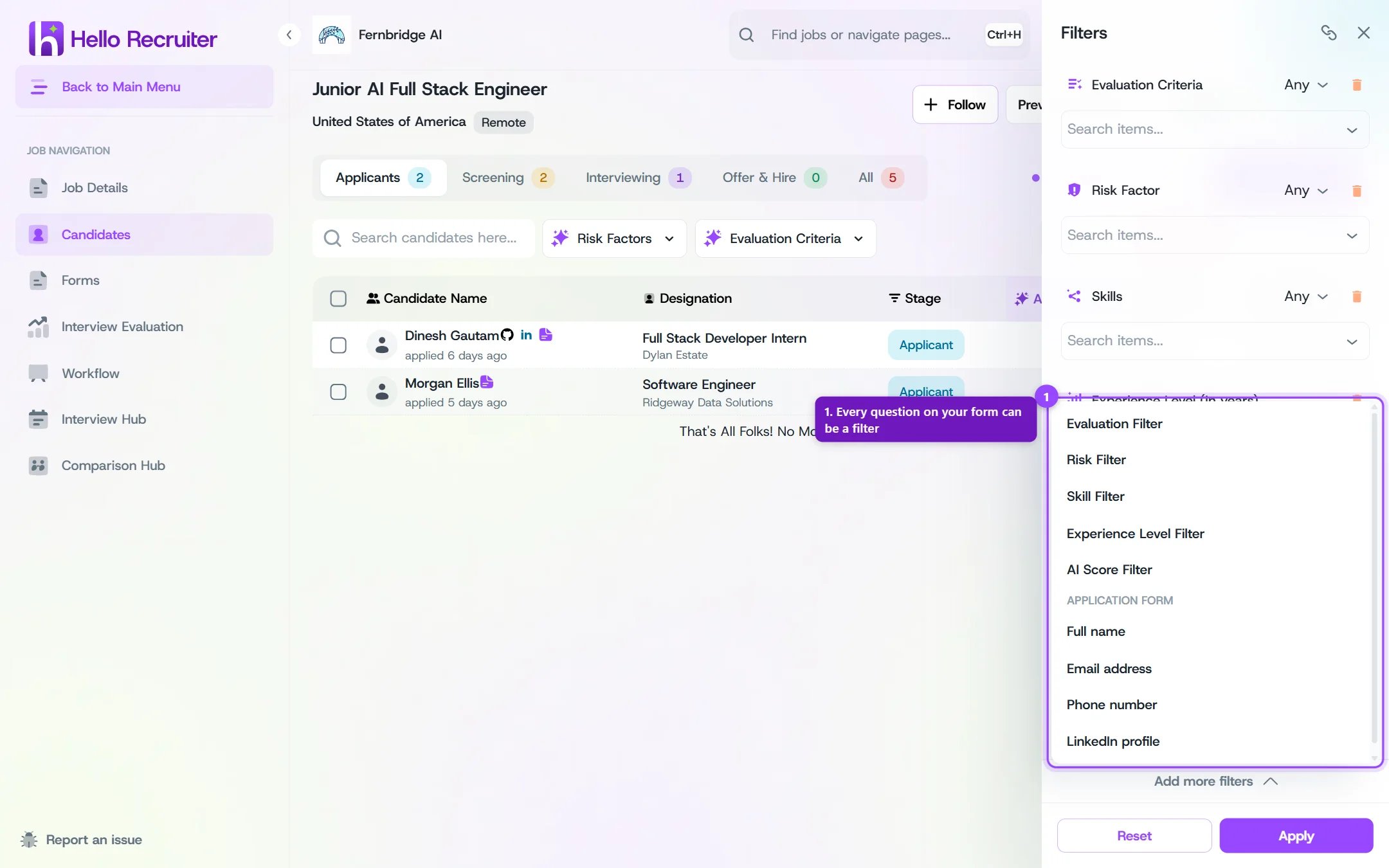 Candidate filters panel with the Application Form questions listed under Add more filters