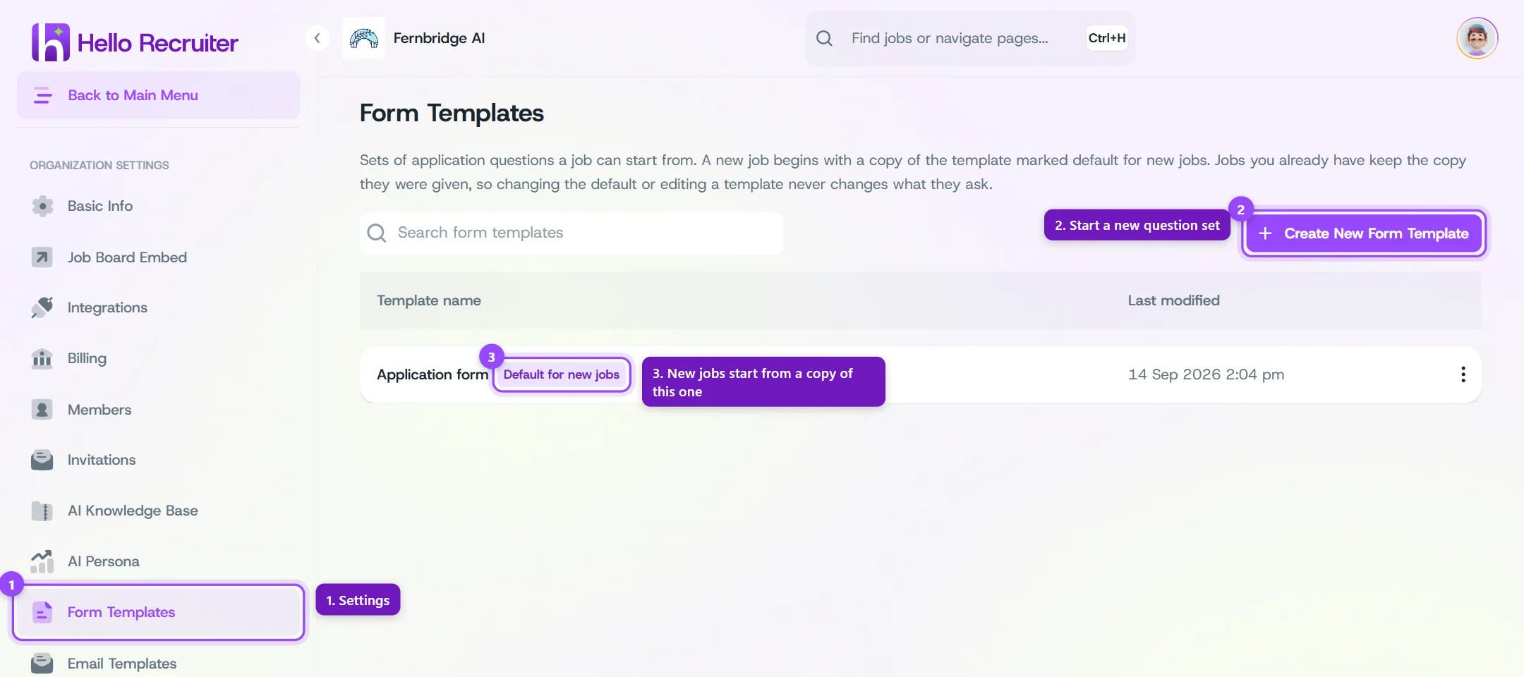 Form Templates page listing templates, with the default template marked