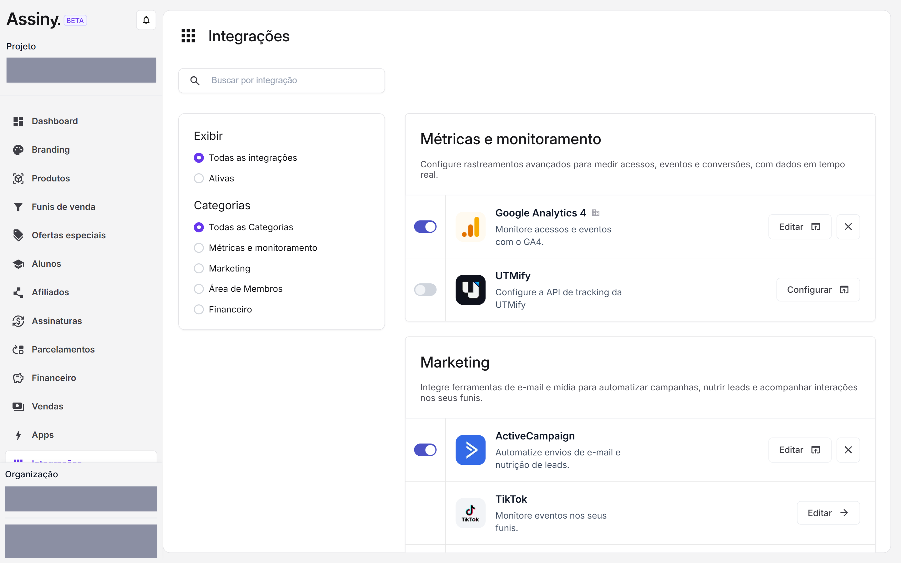 Tela de Integrações com as categorias Métricas e monitoramento, Marketing, Área de Membros e Financeiro e os cards Google Analytics 4, UTMify, ActiveCampaign e TikTok