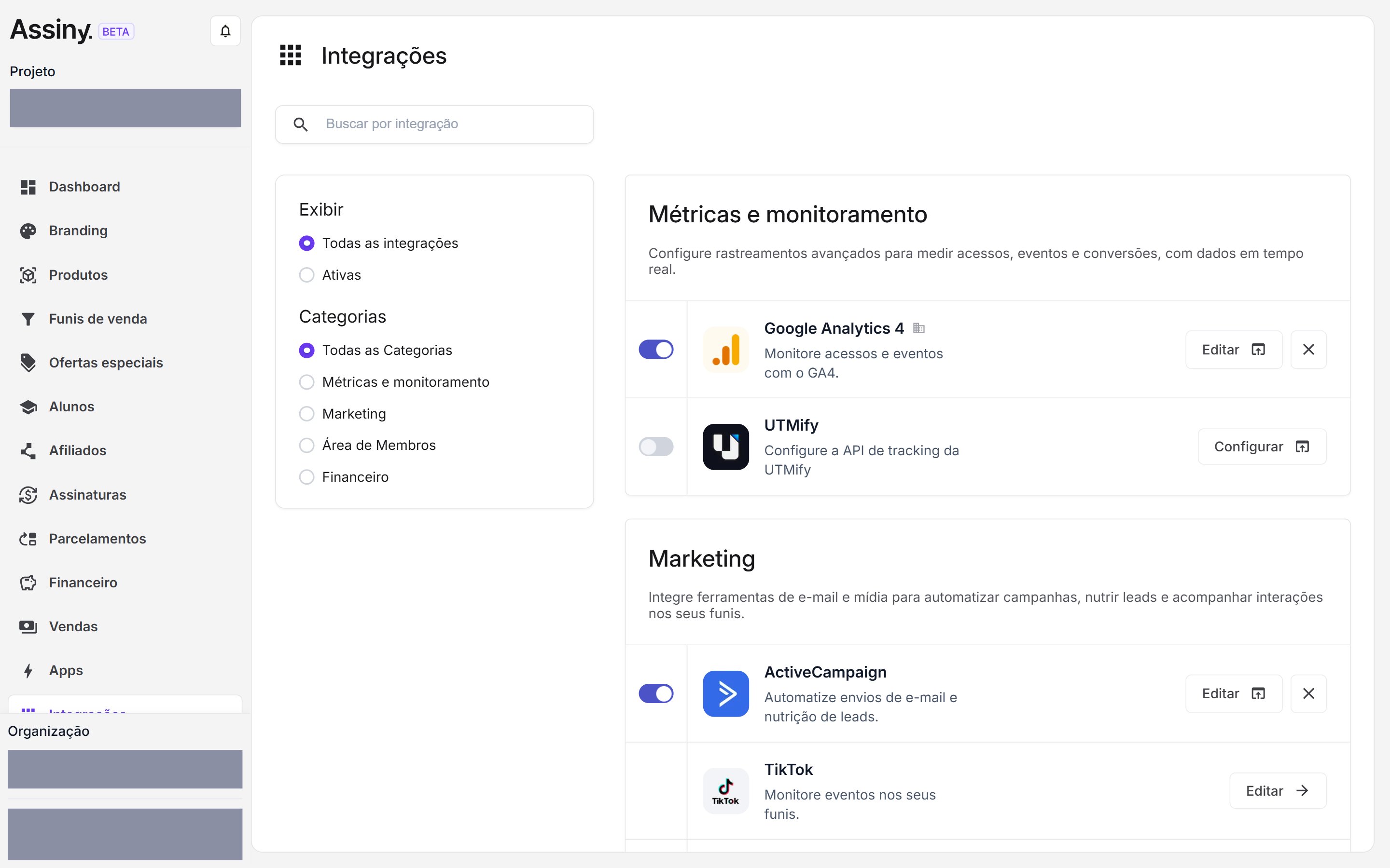 Tela de Integrações com as categorias Métricas e monitoramento, Marketing, Área de Membros e Financeiro e os cards Google Analytics 4, UTMify, ActiveCampaign e TikTok