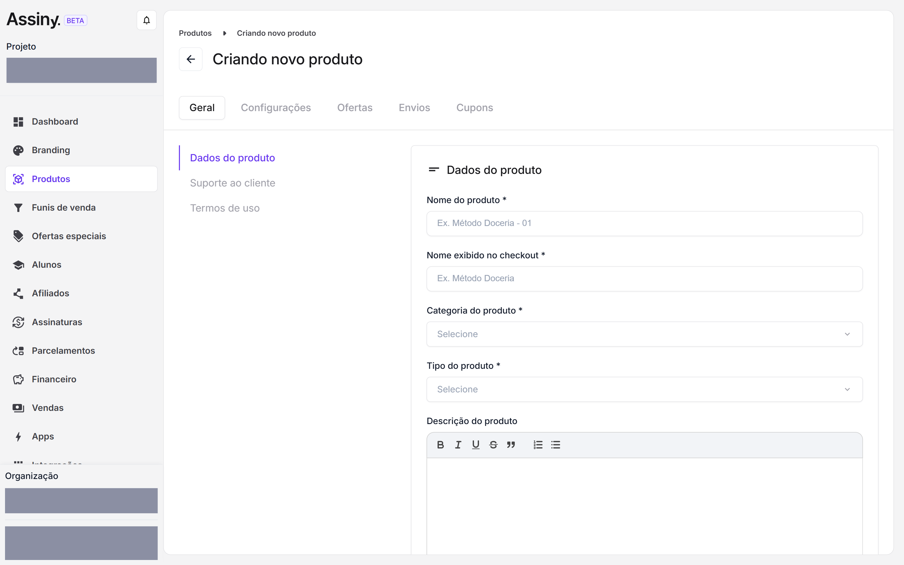 Tela Criando novo produto, aba Geral, com as seções Dados do produto, Suporte ao cliente e Termos de uso