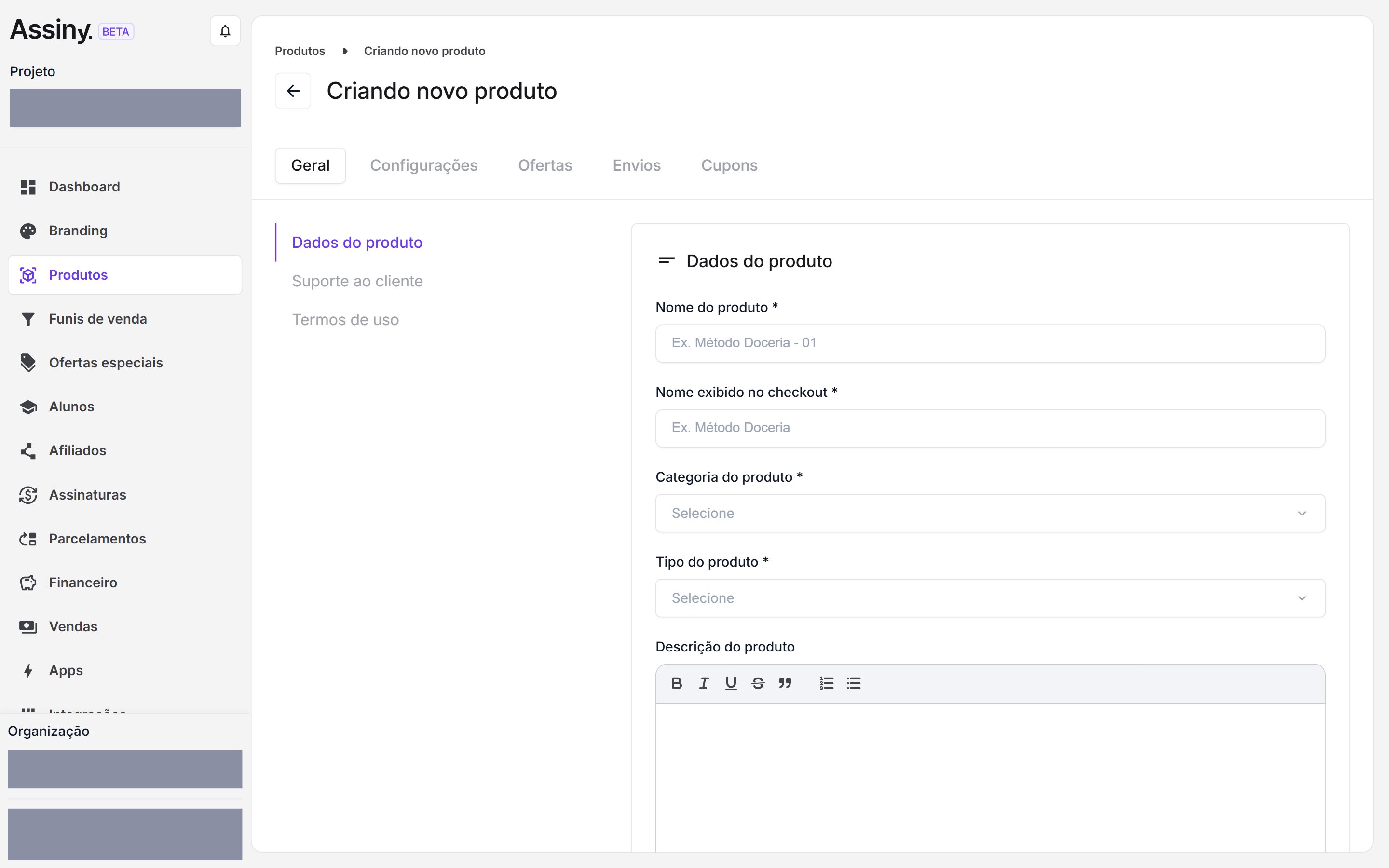 Tela Criando novo produto, aba Geral, com as seções Dados do produto, Suporte ao cliente e Termos de uso