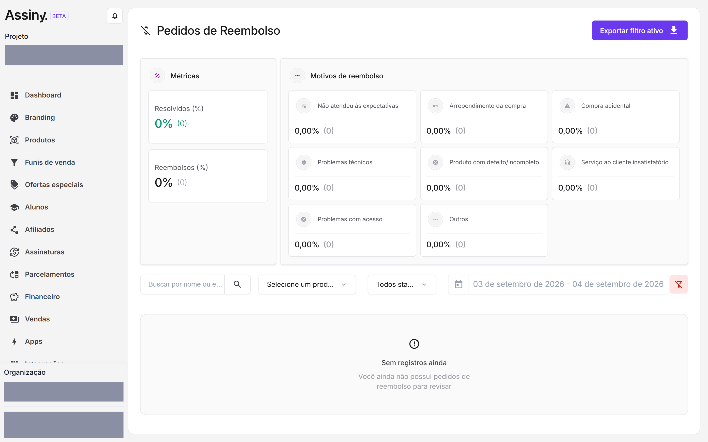 Tela de Pedidos de Reembolso com os cartões de métricas, o painel Motivos de reembolso e os filtros por produto, status e período