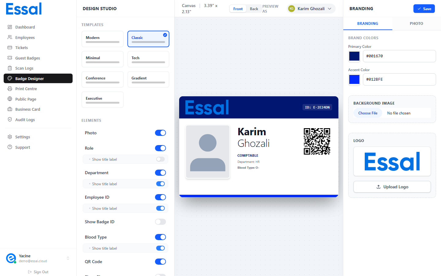 Badge Designer showing three panels — layout controls on the left, live badge preview in the center, and branding controls on the right