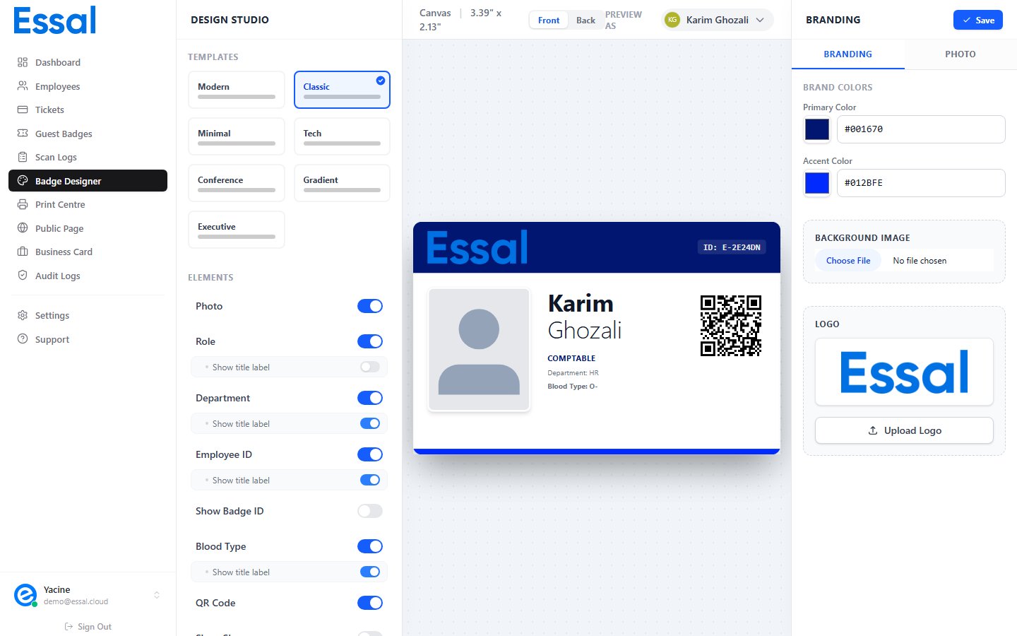 Badge Designer showing three panels — layout controls on the left, live badge preview in the center, and branding controls on the right