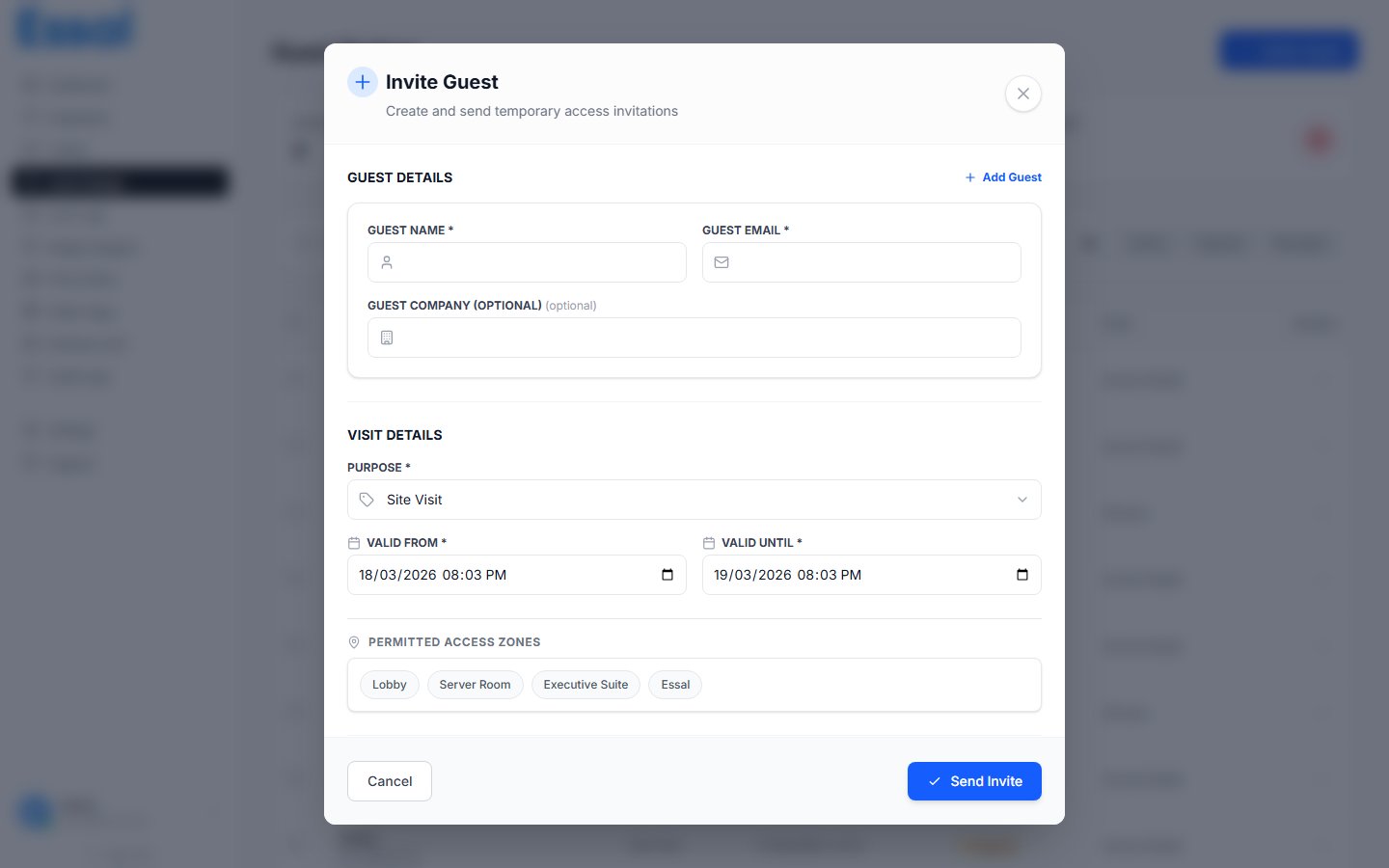 Create Guest Badge modal showing the guest details, visit details, and address fields