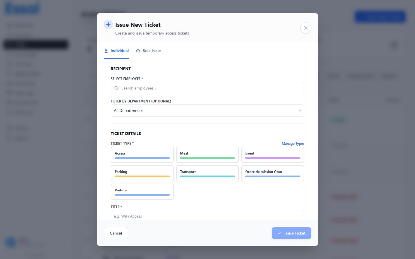 Create Ticket modal showing ticket type selection, recipient search, and validity settings