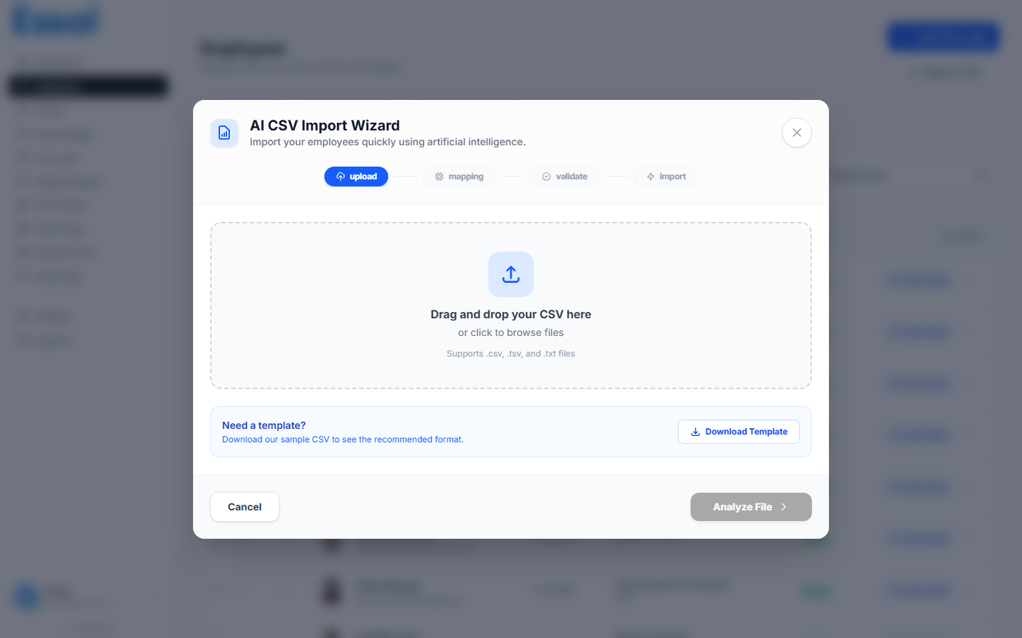 CSV import wizard showing the file upload step