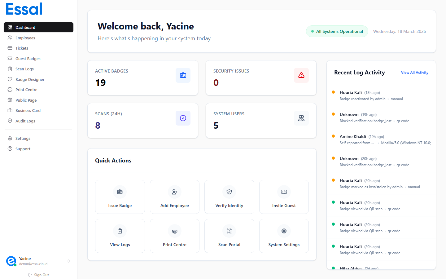 Essal Access dashboard showing active badges, security alerts, and recent activity