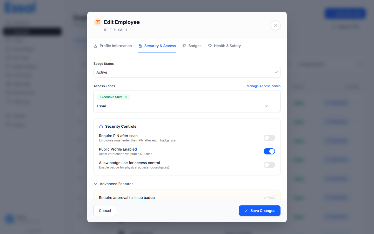 Employee modal Health & Safety tab showing emergency contact and medical fields