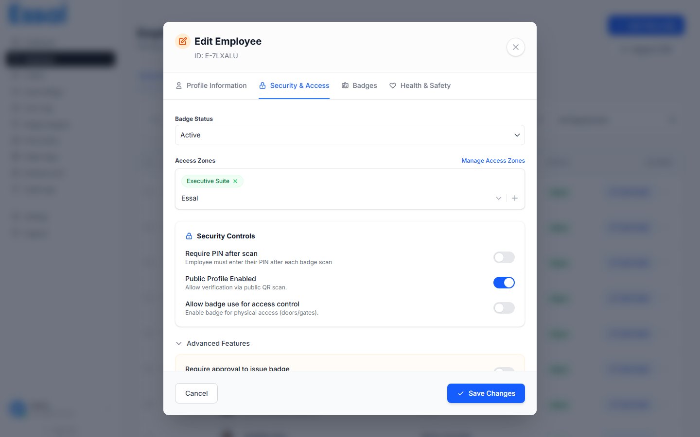 Employee modal Health & Safety tab showing emergency contact and medical fields