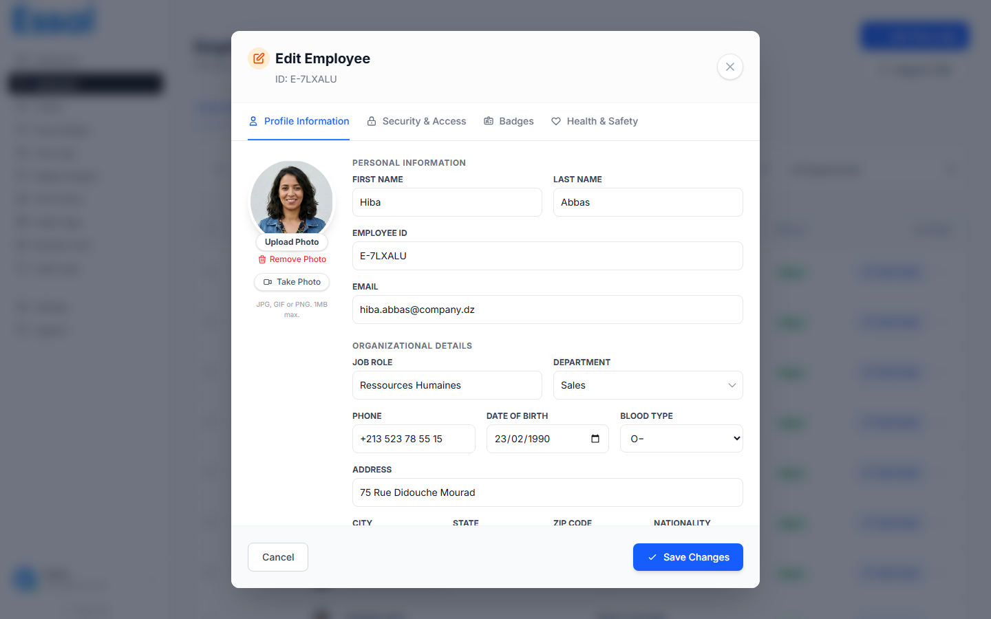 Employee modal showing Profile, Security, Badges, and Health & Safety tabs
