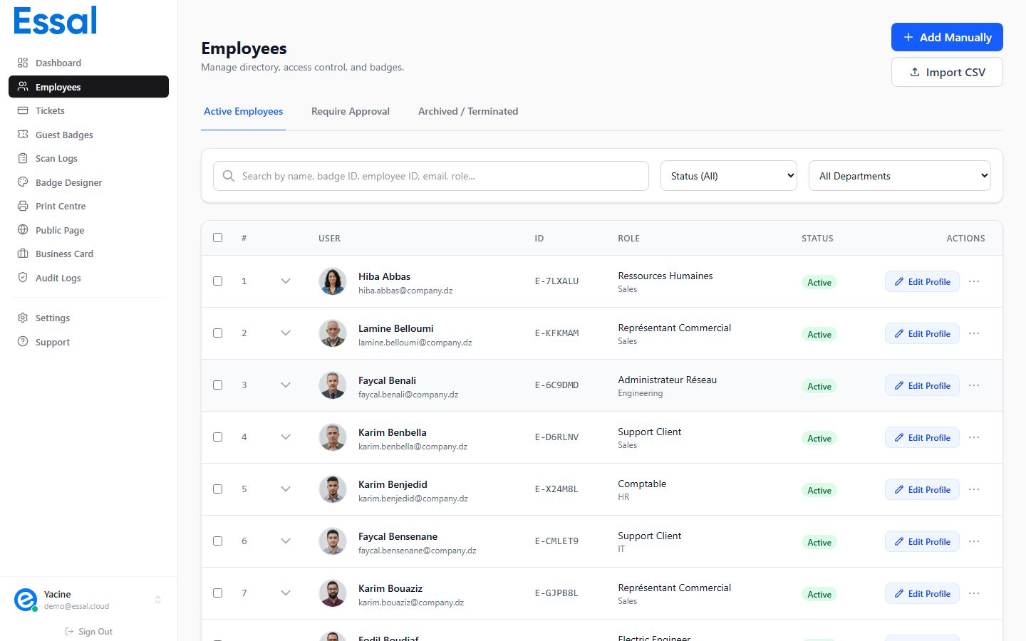 Employee list showing records with photos, departments, and status badges