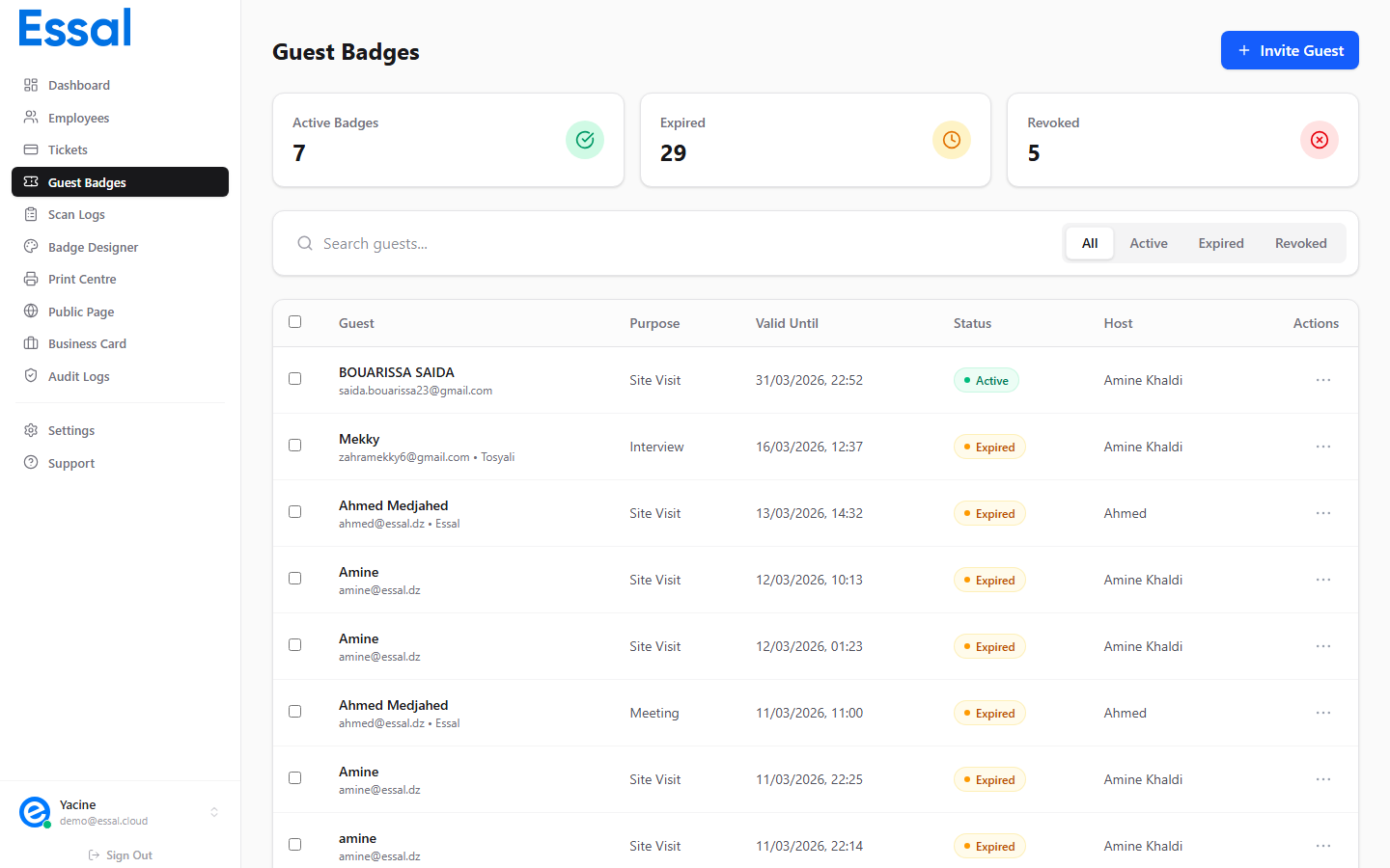 Guest Badges list showing active, expired, and revoked badges with colored status pills