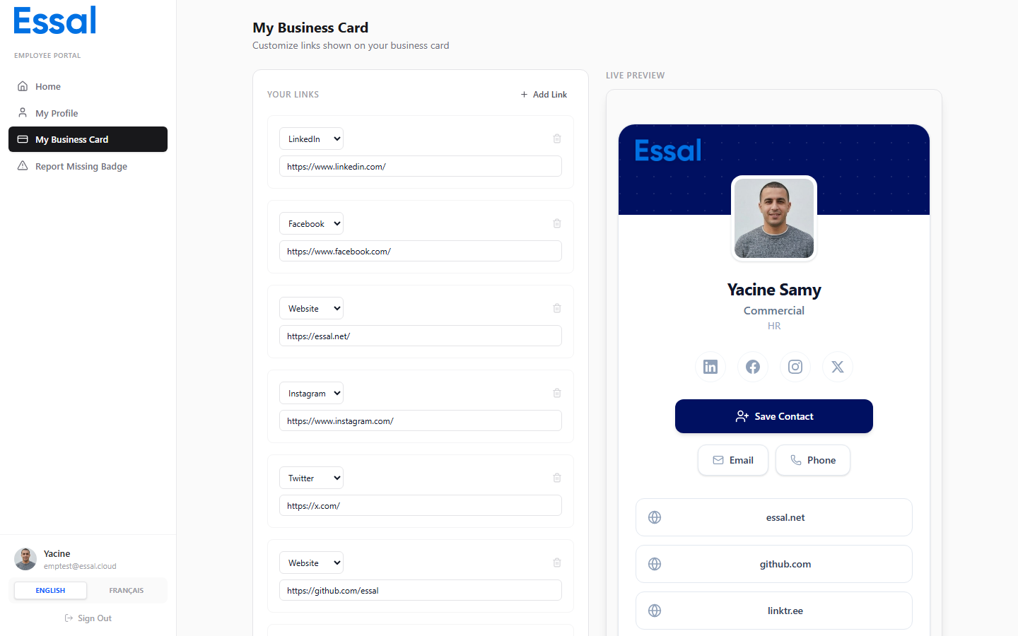 Portal business card editor