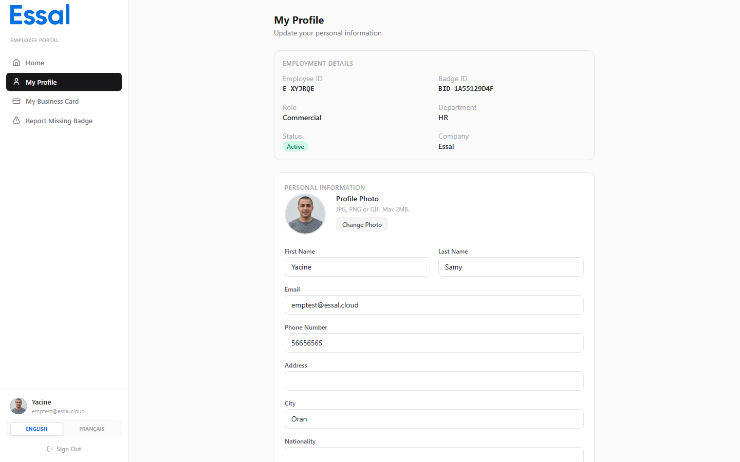 Employee profile page