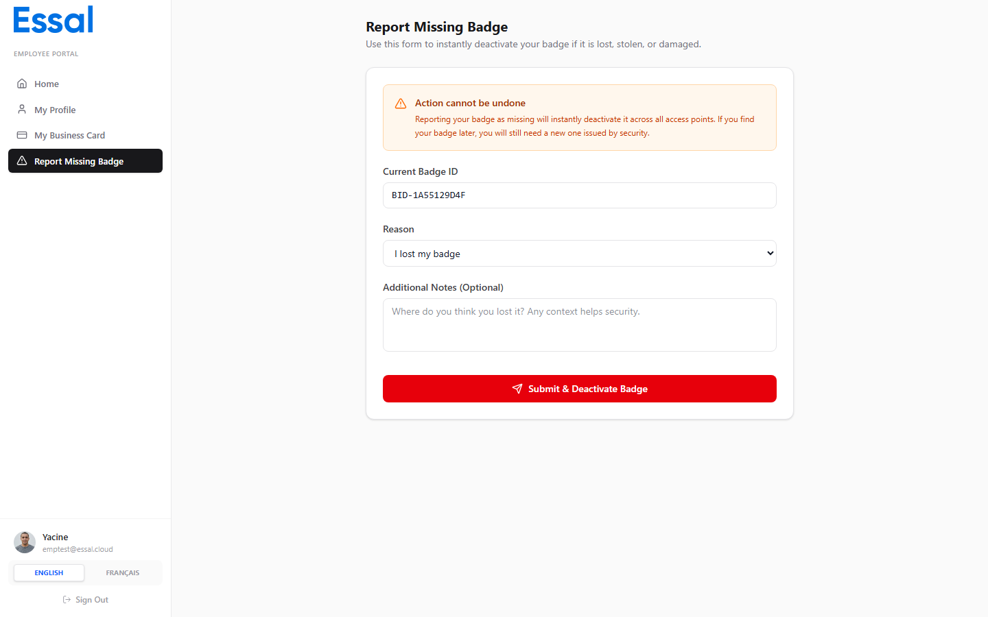 Report Missing Badge page
