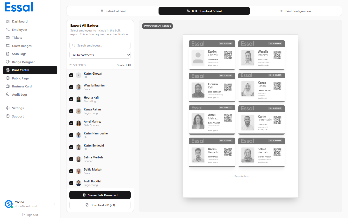 Bulk print tab showing Download ZIP button with employee selection