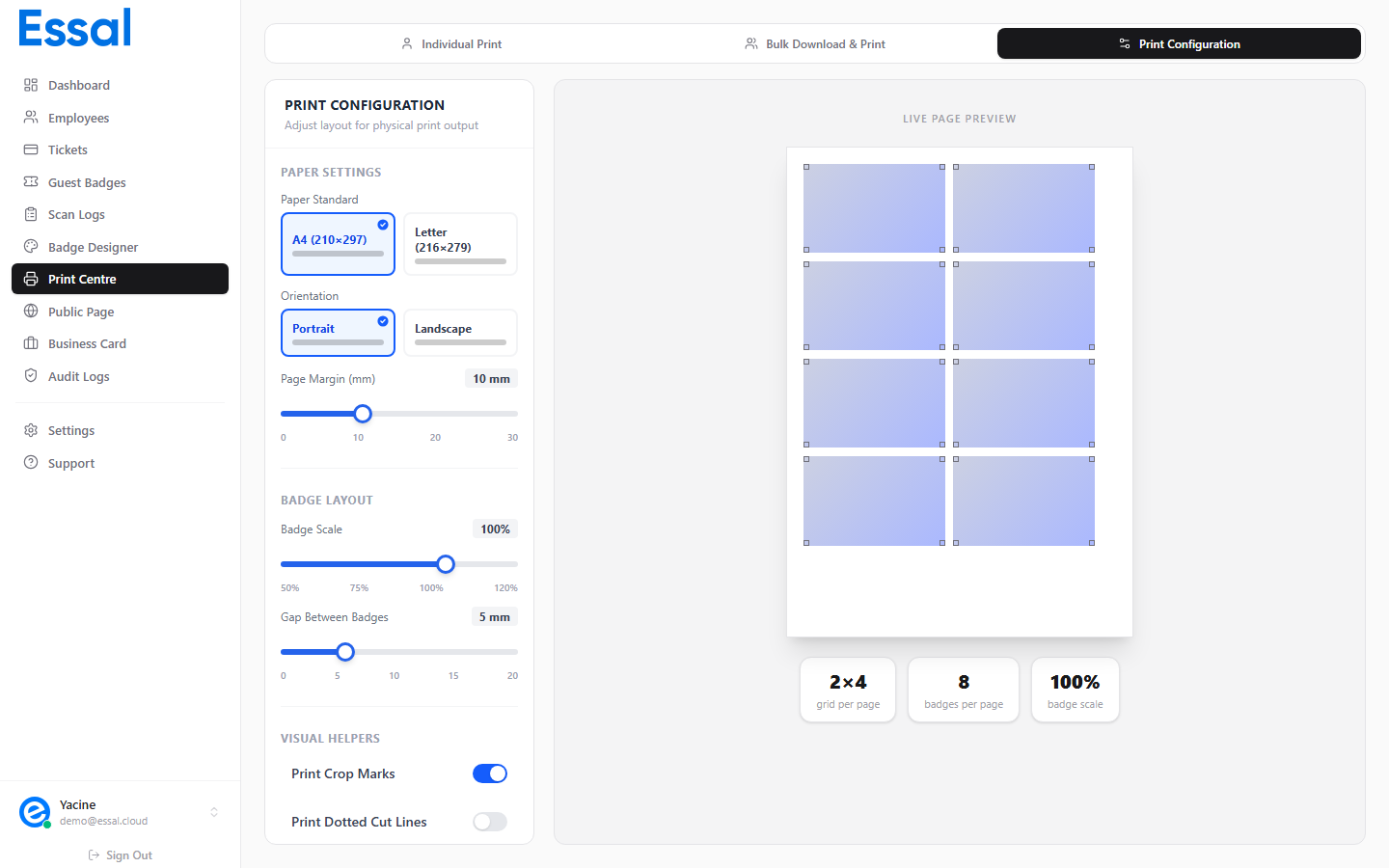 Print config tab showing paper settings, badge layout sliders, and visual helpers