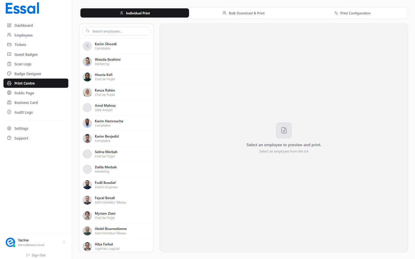Print view showing individual badge print with employee list and live badge preview