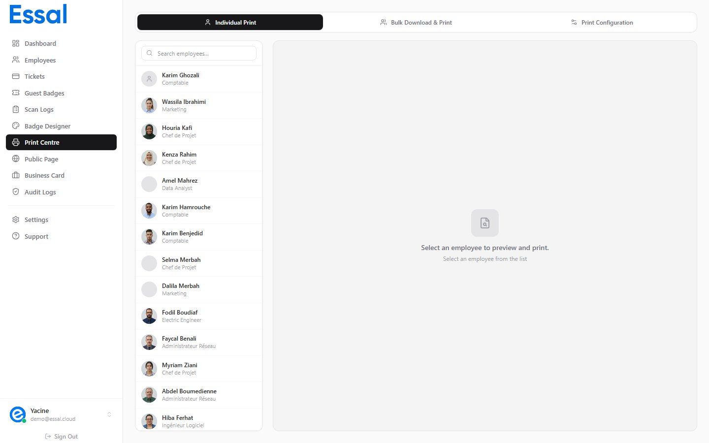 Print view showing individual badge print with employee list and live badge preview
