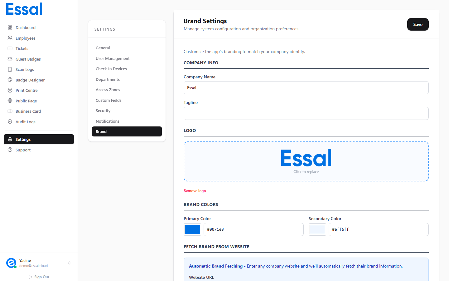 Settings Branding tab showing the BrandFetch import section with URL input and Fetch Brand button