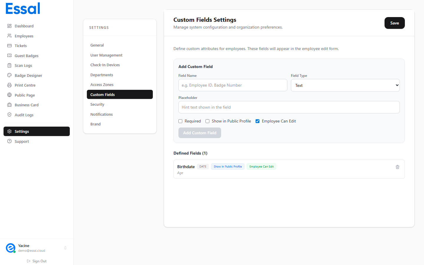 Settings Custom Fields tab showing existing custom fields and the new field form